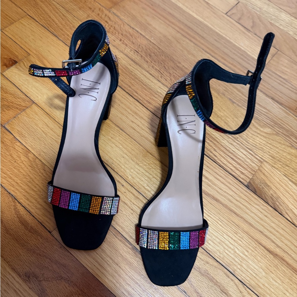 INC International Concepts Black Heeled Sandals with Multicolor Crystal Straps